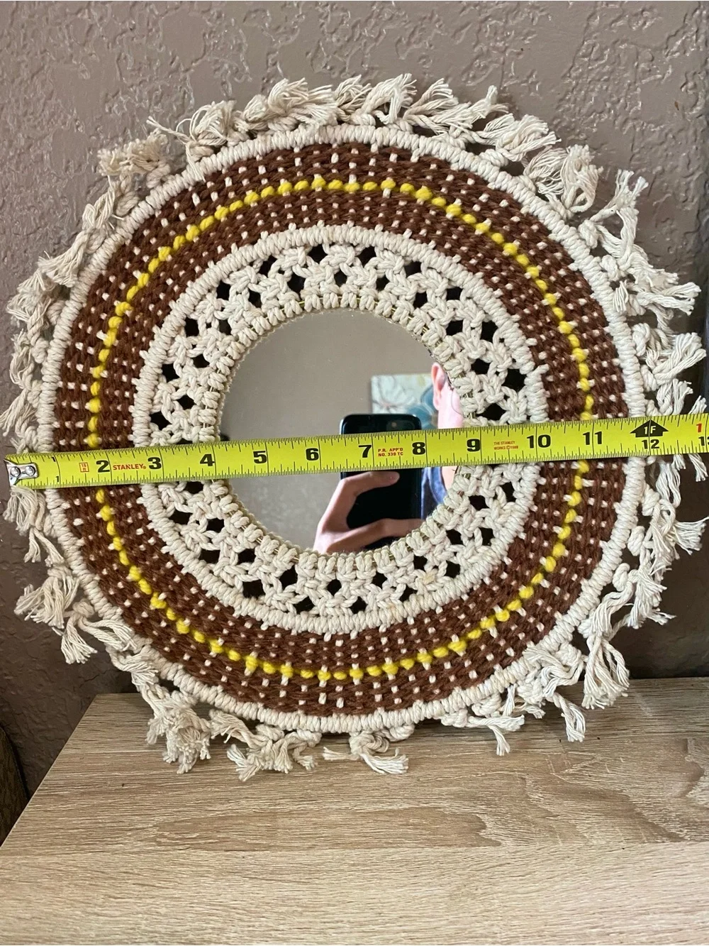 Handmade Macramé Round Wall Mirror in Cream, Brown & Yellow